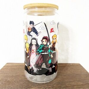 Anime Themed Libbey Glass Can with Bamboo Lid and Straw